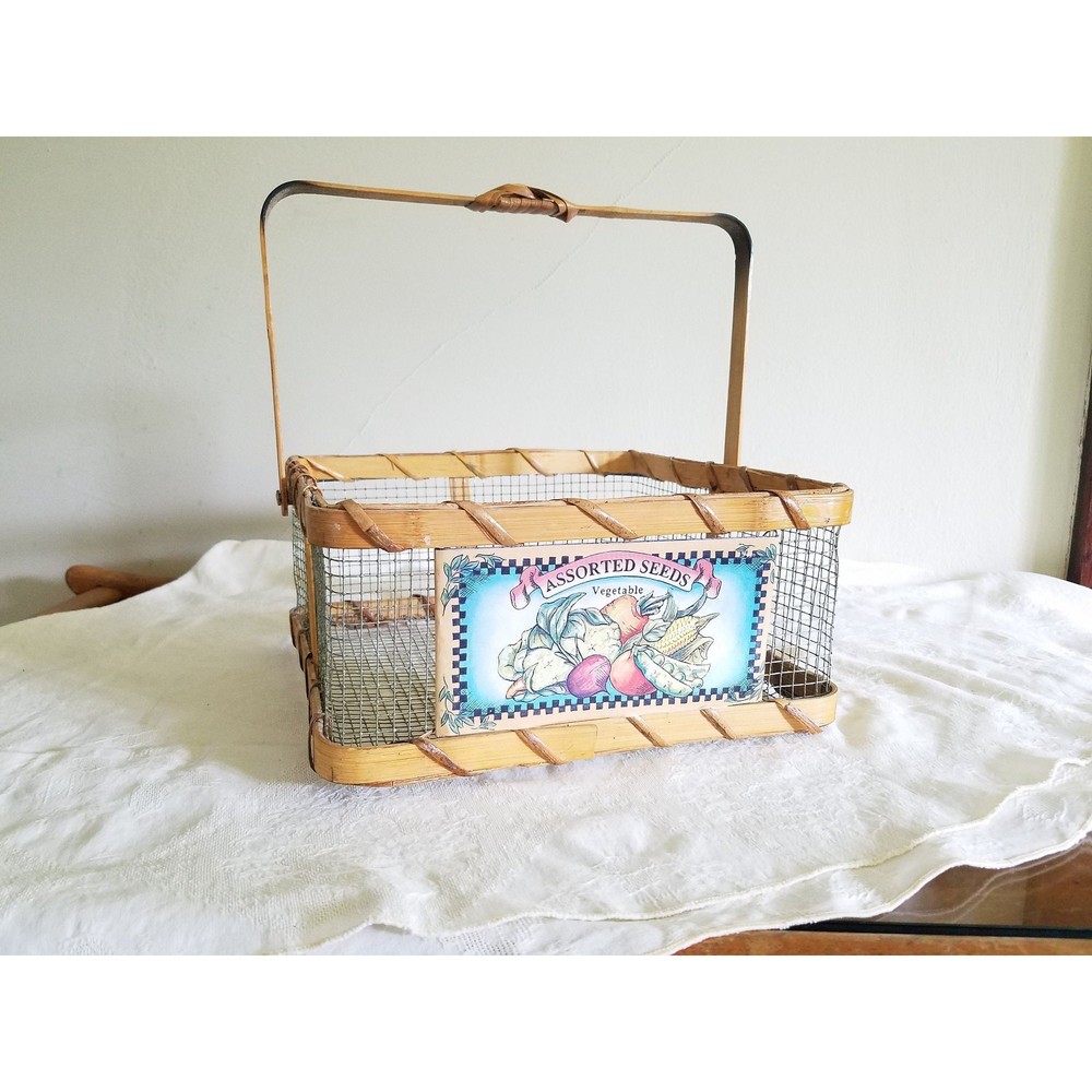 Vintage Wire and Wood Vegetable Basket with Handle "Assorted Seeds Vegetable"